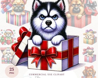 Grumpy Dog Christmas Clipart Bundle Watercolor Holiday Puppy PNG Festive Dog Art Gift Box Illustration Sublimation Scrapbook Digital Design