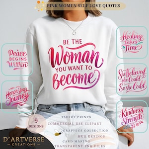 Zelfliefde citaten bundel roze bevestiging png inspirerende sublimatie T-shirt ontwerpen motiverende typografie afdrukbare empowerment afbeelding