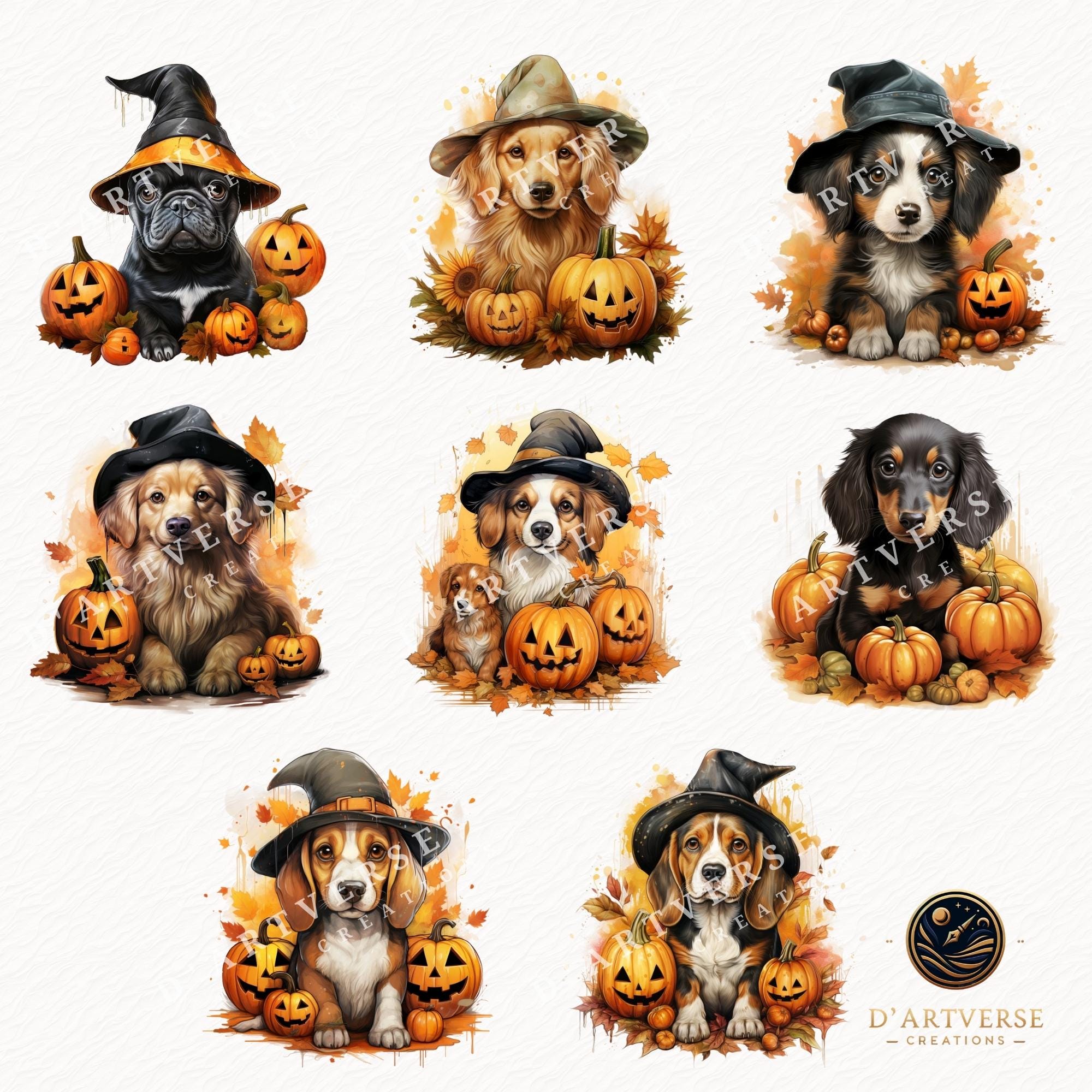 Dog Halloween Clipart Bundle Cute Fall Pumpkins PNG Witch Hat Dog Art ...