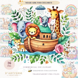Cute Noah&#39;s Ark Watercolor Clip Art Nursery Decor Bible Graphics Baby Animals Cute Digital Download Printable Shirt Design Paper Craft Mug