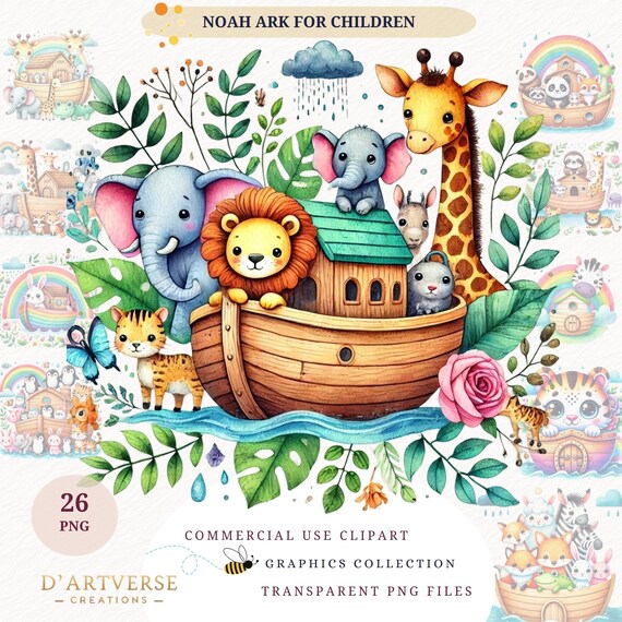 Cute Noah's Ark Watercolor Clip Art Nursery Decor Bible Graphics