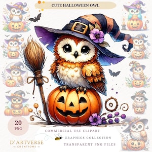 Coruja de Halloween em aquarela Clipart Coruja de outono fofa com abóbora PNG Chapéu de bruxa Pássaro assustador Download digital Design de camisa de papel para impressão