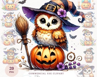 Clipart de acuarela de búho de Halloween Lindo búho de otoño con calabaza PNG Sombrero de bruja Pájaro espeluznante Descarga digital Diseño de camiseta de papel imprimible