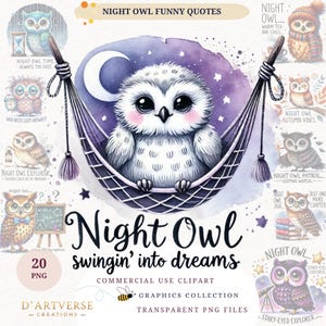 Hibou drôle citations Clipart Bundle imprimable nuit personne Design café amateurs de tasse PNG hibou mignon graphiques Tshirt téléchargement numérique usage commercial