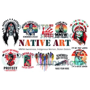 Peut inclure: Une collection de motifs d'art amérindien avec des portraits de femmes autochtones, le texte "Native Art" et des phrases comme "Remember Our Sisters" et "MMIW Awareness". Les motifs utilisent les couleurs rouge, noir et blanc.