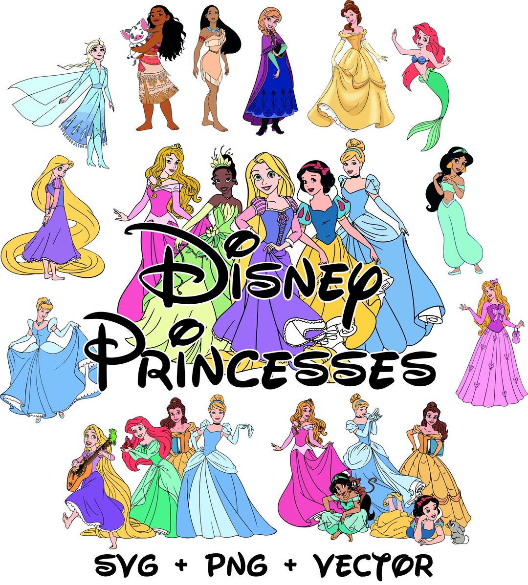 10 Pieces Disney Princesses+ 3 Groups of Princesses | SVG | PNG ...