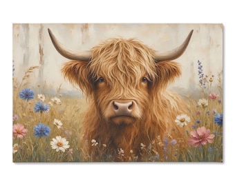 May include: A rectangular wall art print featuring a shaggy, ginger-coloured Highland cow with long, curved horns. The cow is positioned in a field of wildflowers, including blue cornflowers, white daisies, and pink blossoms.