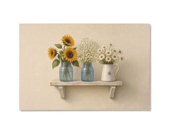 May include: A wooden shelf holds three containers: two blue glass jars and one white ceramic pitcher. The first jar contains yellow sunflowers, the second holds white baby's breath, and the pitcher is filled with white daisies with yellow centres.