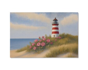 May include: A painting of a red and white striped lighthouse standing on a sandy dune covered in tall grass and pink flowers. The scene features a calm blue ocean under a soft sky with light clouds, capturing a coastal landscape.