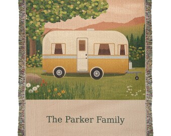 Personalized Family Caravan Woven Cotton Blanket with Name