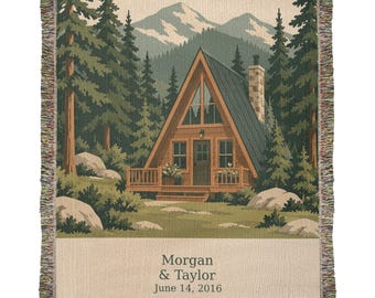 Personalized Cabin Anniversary Woven Cotton Blanket with Names and Date