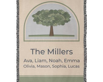 May include: A woven throw blanket in beige featuring a green tree graphic inside an arched frame. The text reads The Millers followed by the names Ava, Liam, Noah, Emma, Olivia, Mason, Sophia, and Lucas in dark grey lettering.