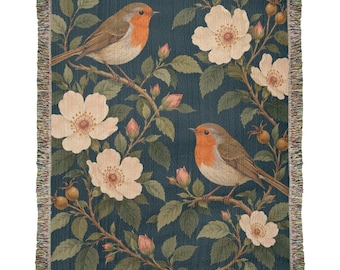 Bird Garden Woven Cotton Throw Blanket with Robins