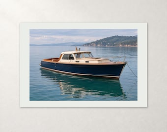 May include: A dark blue motorboat with a cream-coloured cabin and wooden trim floating on calm water. The boat features a sleek hull, a windscreen, and a metal railing on the bow, set against a backdrop of distant hills under a cloudy sky.