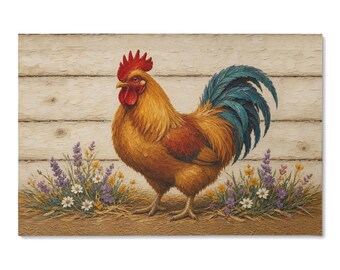 May include: A rectangular wall art print featuring a cockerel with golden-brown feathers, a bright red comb and wattle, and dark blue tail feathers. The cockerel stands on a brown surface in front of a white horizontal wood plank wall.