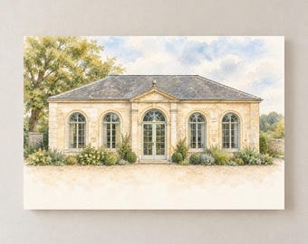 May include: A watercolour painting of a single-storey stone building with a grey hipped roof, a central arched doorway, and four arched windows. The structure is surrounded by green shrubs and trees under a soft blue sky with light clouds.
