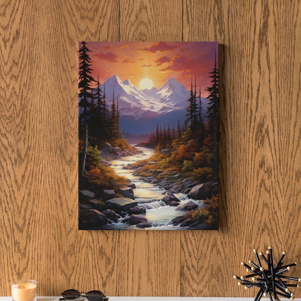 Ethereal Alaskan Glow: Canvas Painting of a Mountainside Sunset and Serene Streams 24"x36" Vertical Wall Art Poster