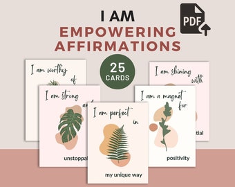 I AM Affirmations, 25 Printable Cards for Positive Mindset, Modern Boho Green Leaf Designs, Perfect for Teens, Women, Adults, Self Care Gift