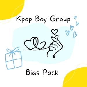 May include: White background with the text "Kpop Boy Group" and "Bias Pack". The image features a hand gesture forming a heart, a gift box, and several small hearts in a light blue color.