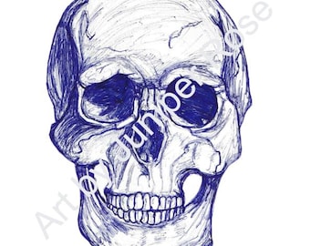 Stampa artistica disegnata a mano di un teschio umano spettrale