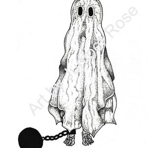 May include: A black and white illustration of a ghost wearing a sheet, with a ball and chain attached to its feet. The ghost has two oval eyes and a dotted texture. The ball is solid black.