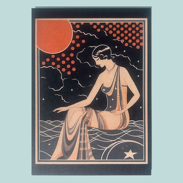 Roaring 20s Art Deco Flapper 5x7" Postcard, Vintage Illustration Design, Eclectic Mod Boho Art, Lux Chic Fashion, Lunar Moon Stars, Zodiac