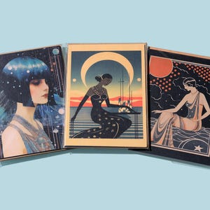 Paquet de 6 cartes postales de 5 x 7 po. + enveloppe kraft autocollante : style Art déco des années 20, illustration vintage éclectique Mod Lux, galaxie lunaire du zodiaque