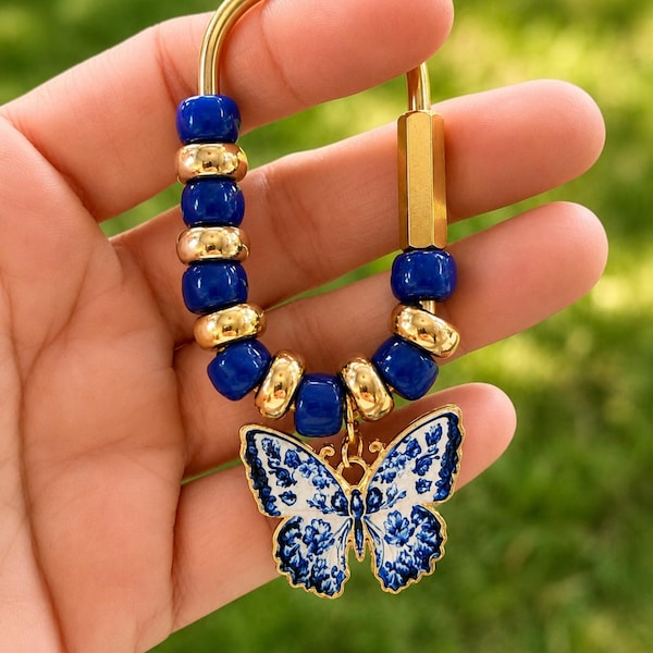 Blue Floral Butterfly Charm, Gold Beaded Carabiner, Cottagecore Bag Accessory
