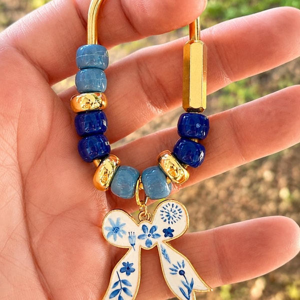 Blue Floral Bow Bag Charm | Gold Beaded Keychain Accessory