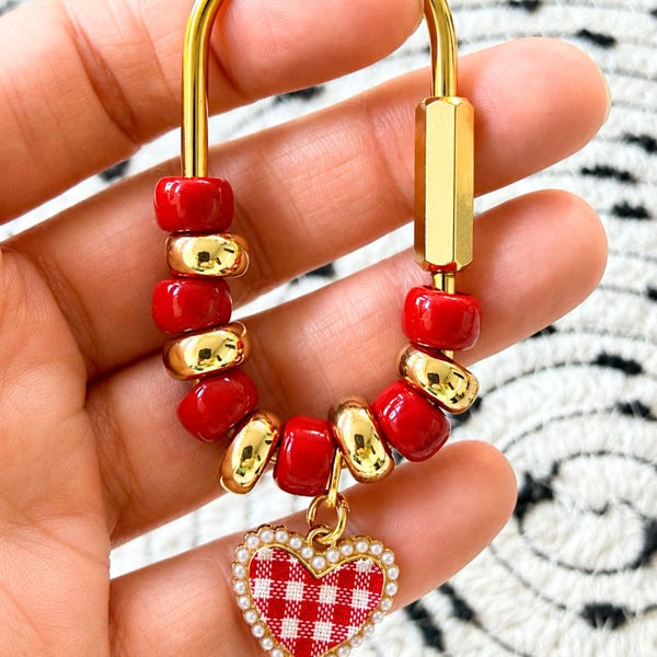 Red Gold Gingham Heart Bag Charm, Beaded Carabiner Keychain, Pearl Trimmed Accessory