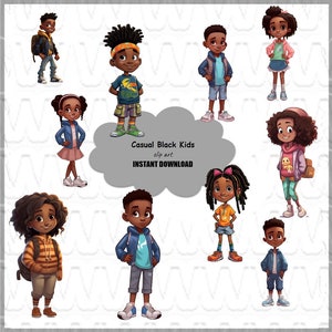 Casual Young Black Kids, BUNDLE di 10 design unici e di alta qualità, pronti per l'uso commerciale, sfondi trasparenti, DOWNLOAD DIGITALI