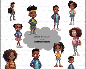 Casual Young Black Kids, BUNDLE of 10 high-quality, unique designs, ready for commercial use, transparent backgrounds, DIGITAL DOWNLOADS