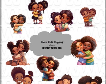 Schwarze Kinder Hugging, BÜNDEL von 10 hochwertigen, einzigartigen Designs, bereit für die kommerzielle Nutzung, transparenter Hintergrund, DIGITALE DOWNLOADS