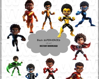 Black Kid Superheroes, BUNDLE of 10 high-quality, unique designs, ready for commercial use, transparent backgrounds, DIGITAL DOWNLOADS