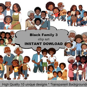 10 imágenes prediseñadas de familia negra, PAQUETE de 10 diseños únicos de alta calidad, listos para uso comercial, fondos transparentes, DESCARGAS DIGITALES