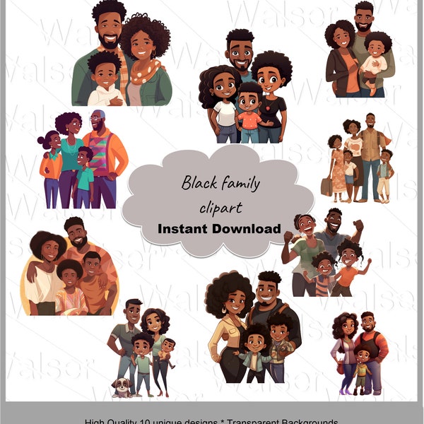 Black family clipart, BUNDLE of 10 high-quality, unique designs, ready for commercial use, transparent backgrounds, DIGITAL DOWNLOADS