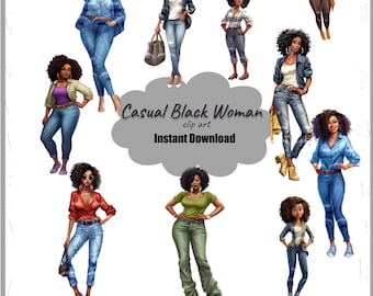Casual Black Woman Clipart, BÜNDEL von 10 hochwertigen, einzigartigen Designs, bereit für die kommerzielle Nutzung, transparente Hintergründe, DIGITALE DOWNLOADS