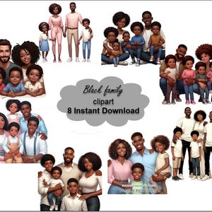 Clipart famille noire, lot de 8 modèles uniques de haute qualité, prêts à l'emploi, arrière-plans transparents, TÉLÉCHARGEMENTS NUMÉRIQUES