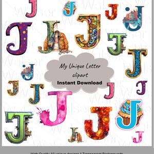 Letra J clipart, PAQUETE de 10 diseños únicos de alta calidad, listos para uso comercial, fondos transparentes, DESCARGAS DIGITALES