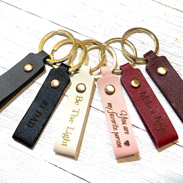 Personal Keychain Gift For Friends, Coworkers, Leatherette Key Holder Custom Key Fob • "Loop" PU Leather Engraved