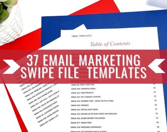 May include: A red, white, and blue graphic with the text "37 Email Marketing Swipe File Templates" and a table of contents listing 20 email marketing templates with their corresponding numbers and titles. The website address "www.notanotherva.com" is at the bottom of the graphic.