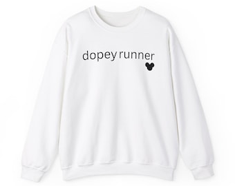 May include: White sweatshirt with the text "dopey runner" and a black Mickey Mouse silhouette.