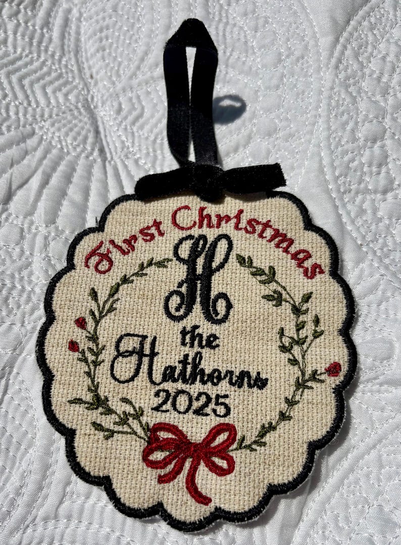 First Married Christmas Ornament, Embroidered cross stitch