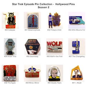 May include: A collection of 11 Star Trek episode pins from the second season of the original series. The pins are colourful and feature various characters and scenes from the show. The pins are numbered and labelled with the episode title. The pins are a great way to show your love for Star Trek.