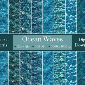 May include: A set of 12 seamless digital patterns featuring blue ocean waves. The patterns are 12 inches by 12 inches and 300 DPI. They are also available in a larger size of 3600 pixels by 3600 pixels.