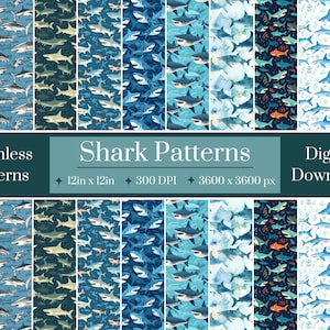 Puede incluir: Un conjunto de 12 patrones digitales sin costuras que presentan varios diseños de tiburones azules, verdes y blancos. Los patrones miden 30,48 cm por 30,48 cm y 300 DPI. Los patrones también están disponibles en 3600 píxeles por 3600 píxeles.