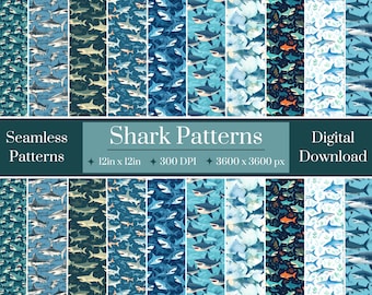 Shark Seamless Designs Bundle, Scary and Fun Digital Pattern Download, High Resolution Images, Commercial Use, Ocean Sharks Design