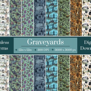 Op de afbeelding: Een set van 10 digitale naadloze patronen met verschillende begraafplaats scènes. De patronen zijn 30,48 cm bij 30,48 cm en 300 DPI. Elk patroon is 3600 pixels bij 3600 pixels. De patronen zijn beschikbaar voor digitale download.