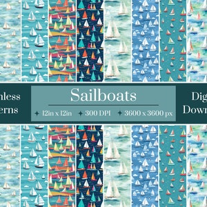May include: A set of 12 digital seamless patterns featuring sailboats on a blue and white watercolor background. The patterns are 12 inches by 12 inches and 300 DPI. They are also available in a larger size of 3600 pixels by 3600 pixels. The patterns are perfect for creating projects such as fabric, wallpaper, and scrapbooking.