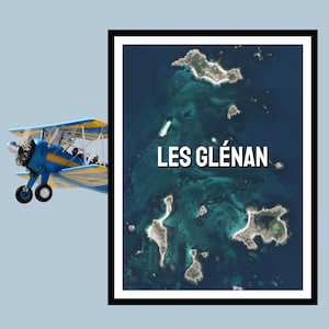 Cartaz de viagem Les Glénan - Foto da Bretanha de avião - Decoração de parede fácil de emoldurar / Escolha de tamanhos e fácil de emoldurar